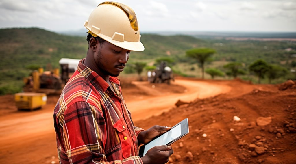 Mining construction worker with tablet